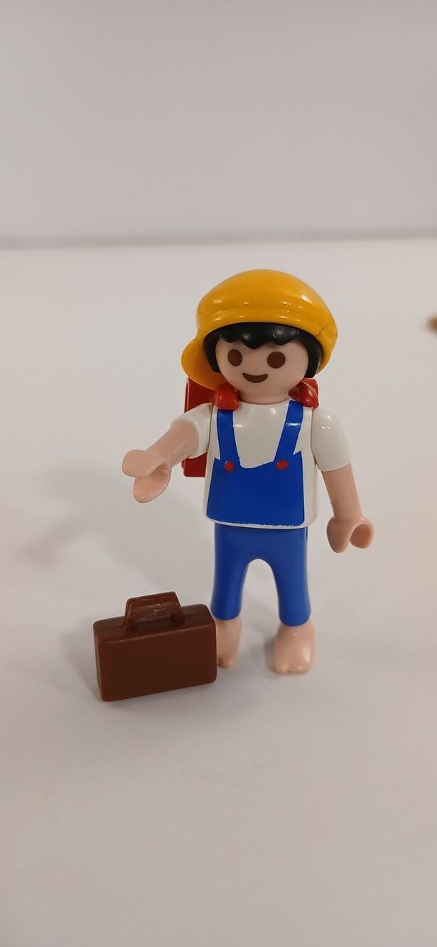 PLAYMOBIL Boy In Blue Overalls Red Backpack And Yellow Hat Brown Lunch Box